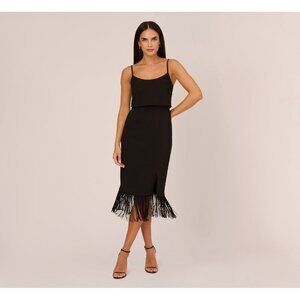 Adrianna Papell Black Midi Dress with Fringe Detail